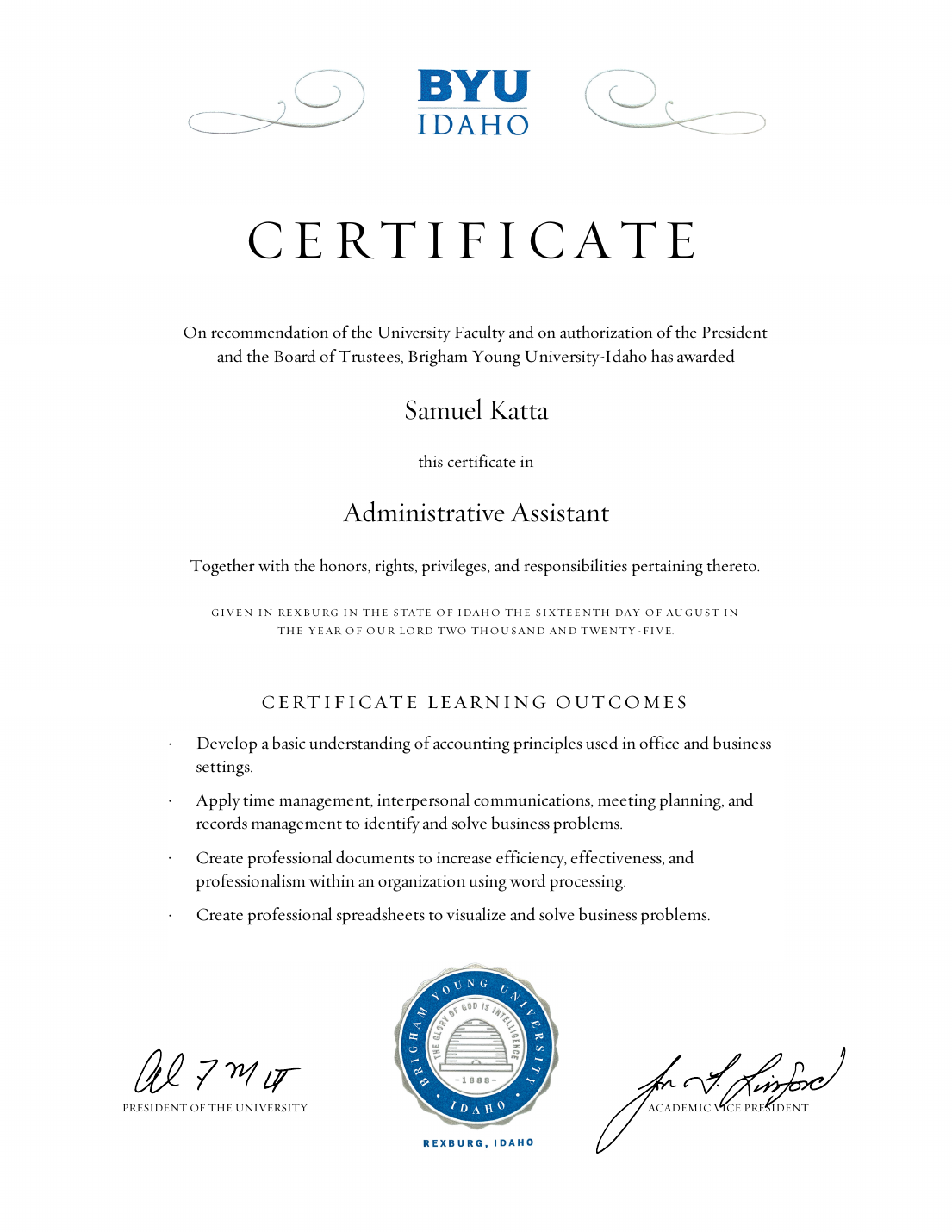 Samuel Katta Administrative Assistant certificate from Brigham Young University-Idaho